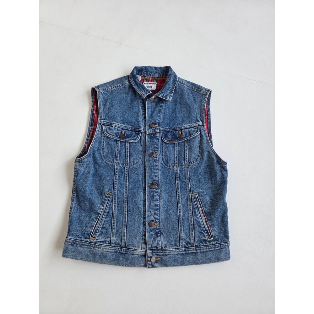Vintage 90s Lee Heritage Denim Vest Mens M Red Plaid Lined Trucker Workwear - Picture 3 of 9